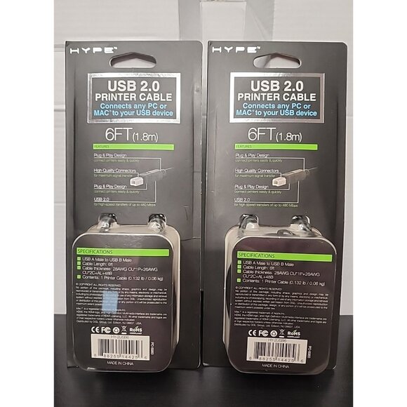 2 pack HYPE 6 ft USB 2.0 Printer Cable Connects PC or MAC A to B Male connector - Picture 4 of 4